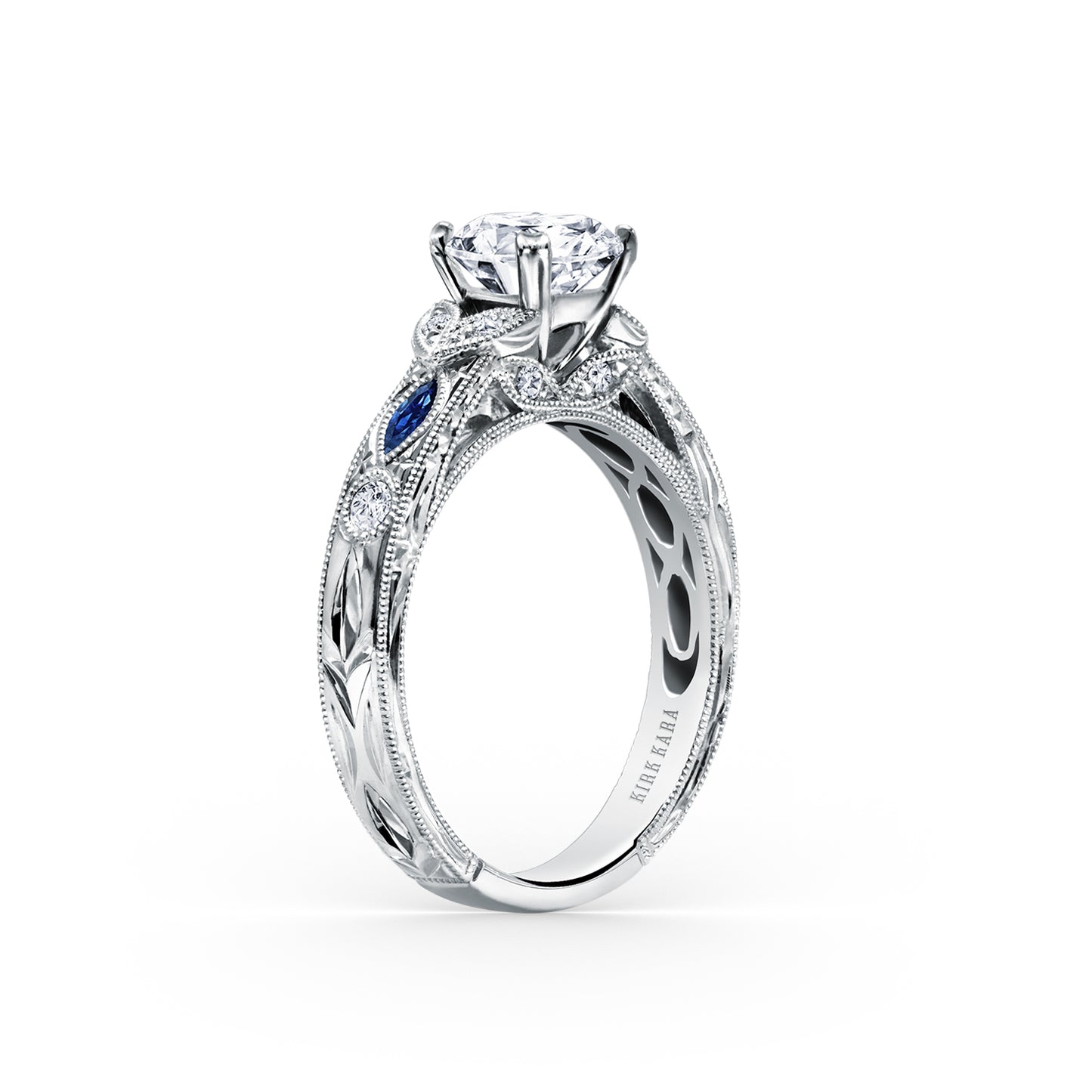 18K White Gold Sapphire Floral Diamond Engraved Engagement Ring
