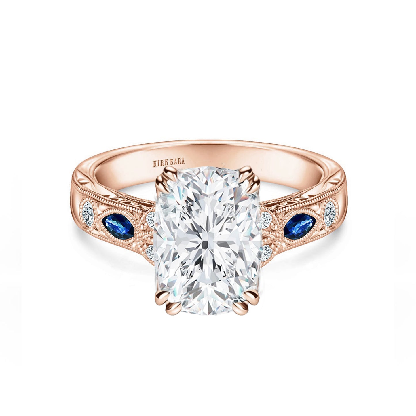 Blue Sapphire Floral Diamond Engraved Engagement Ring