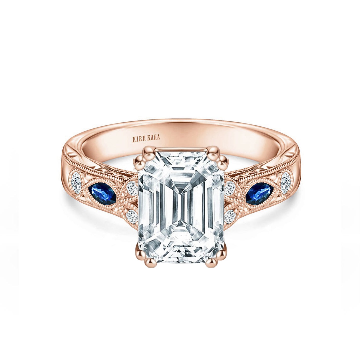 Blue Sapphire Floral Diamond Engraved Engagement Ring