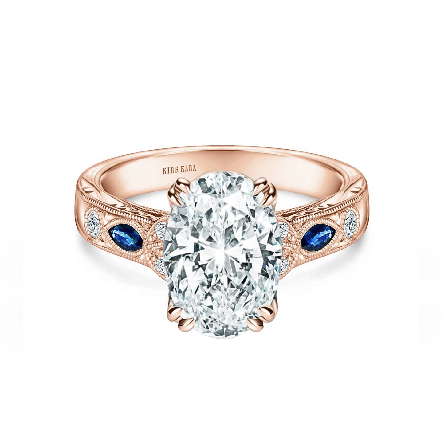 Blue Sapphire Floral Diamond Engraved Engagement Ring