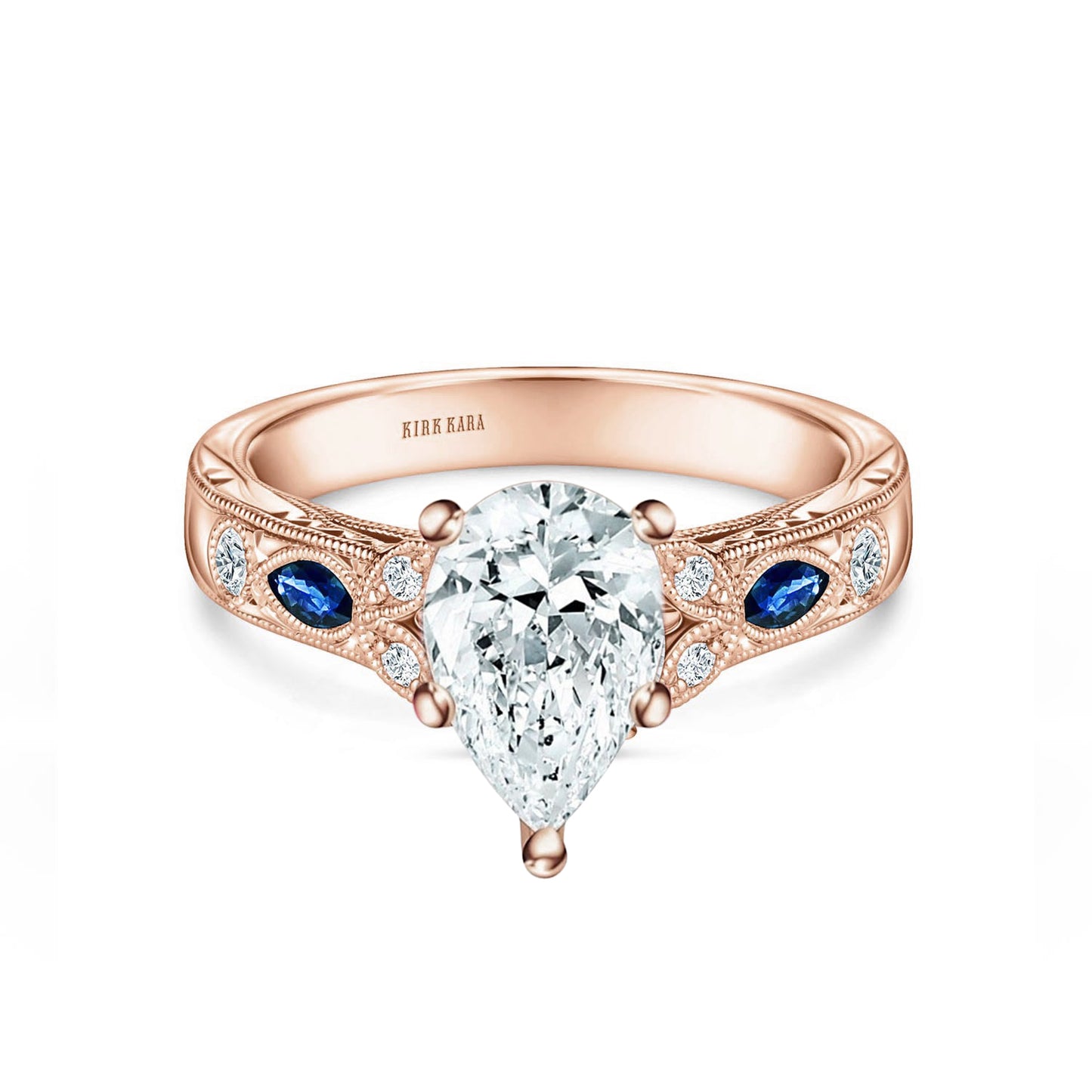 Blue Sapphire Floral Diamond Engraved Engagement Ring