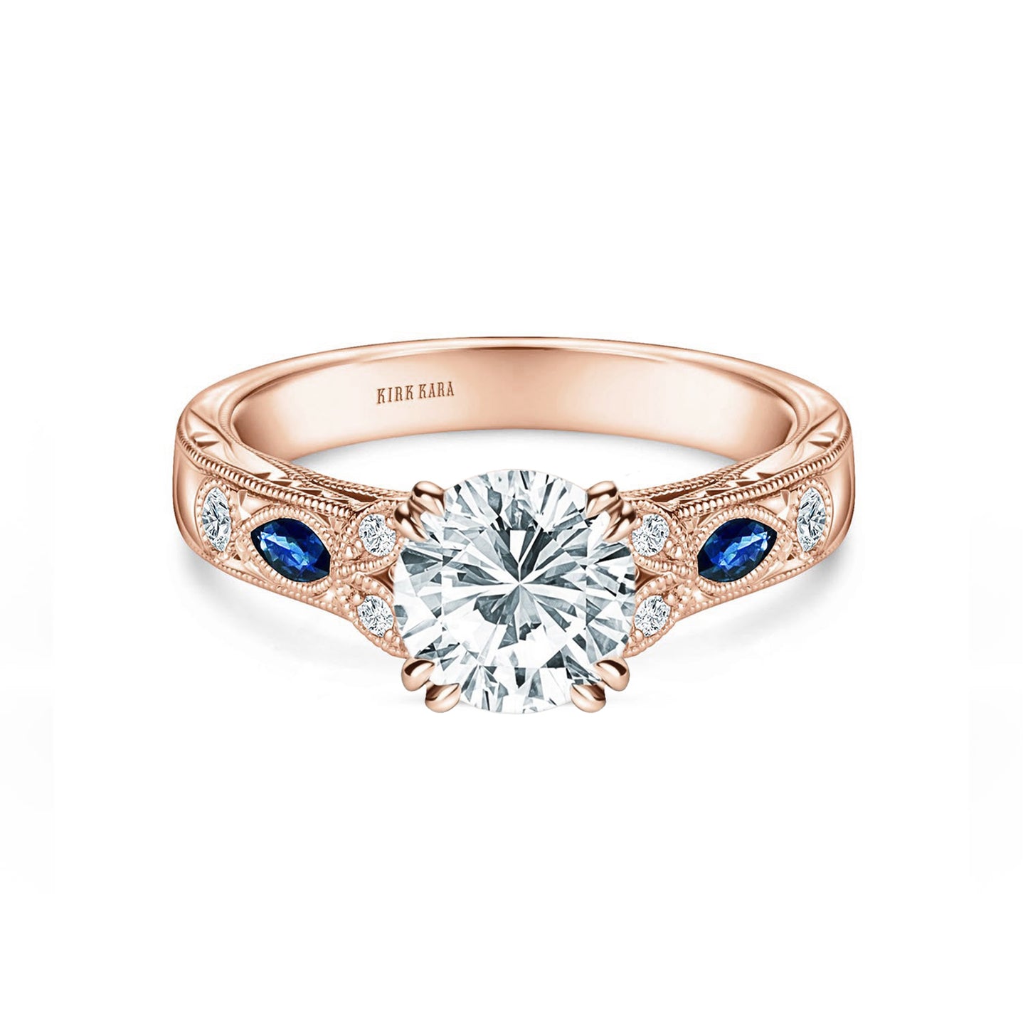 Blue Sapphire Floral Diamond Engraved Engagement Ring