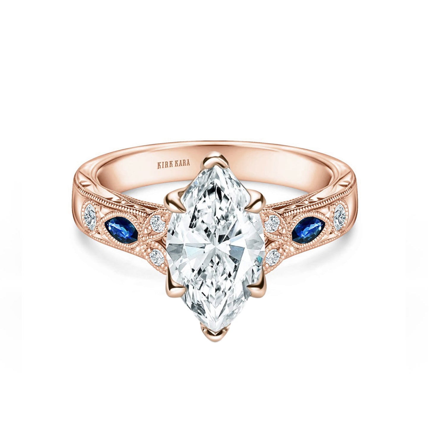 Blue Sapphire Floral Diamond Engraved Engagement Ring