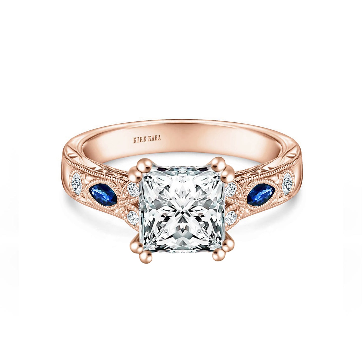 Blue Sapphire Floral Diamond Engraved Engagement Ring