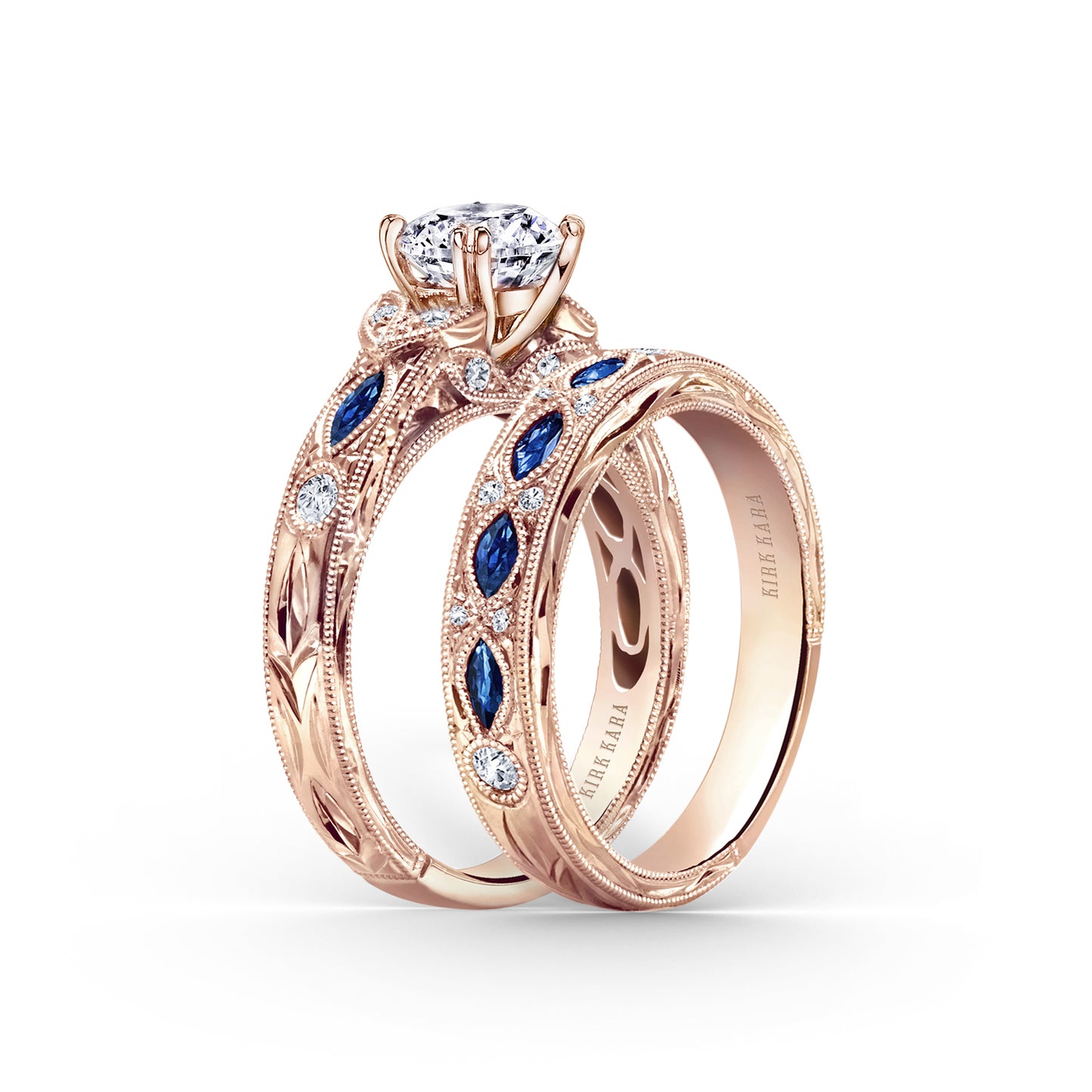 Blue Sapphire Floral Diamond Engraved Engagement Ring