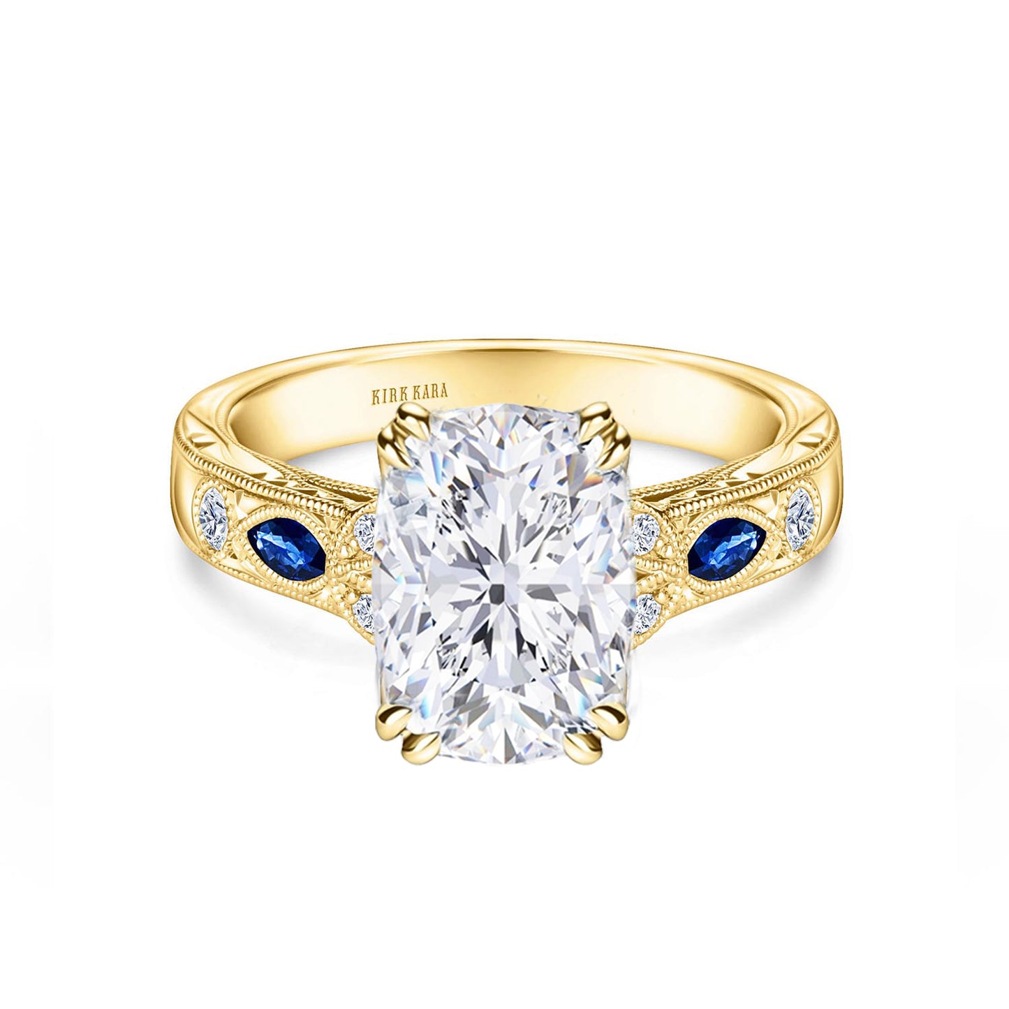 Blue Sapphire Floral Diamond Engraved Engagement Ring