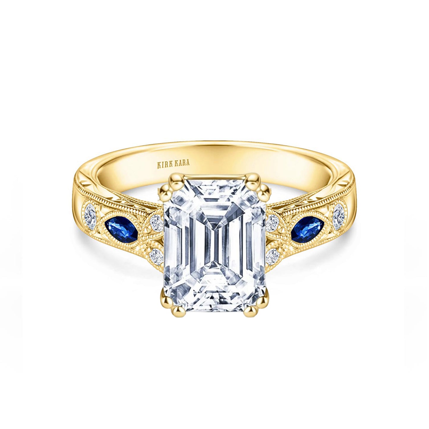 Blue Sapphire Floral Diamond Engraved Engagement Ring