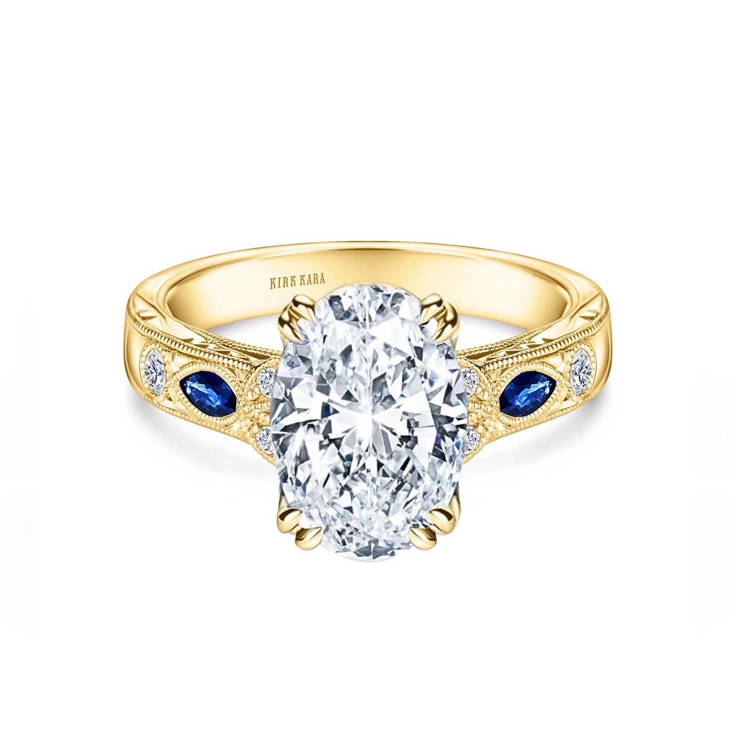 Blue Sapphire Floral Diamond Engraved Engagement Ring