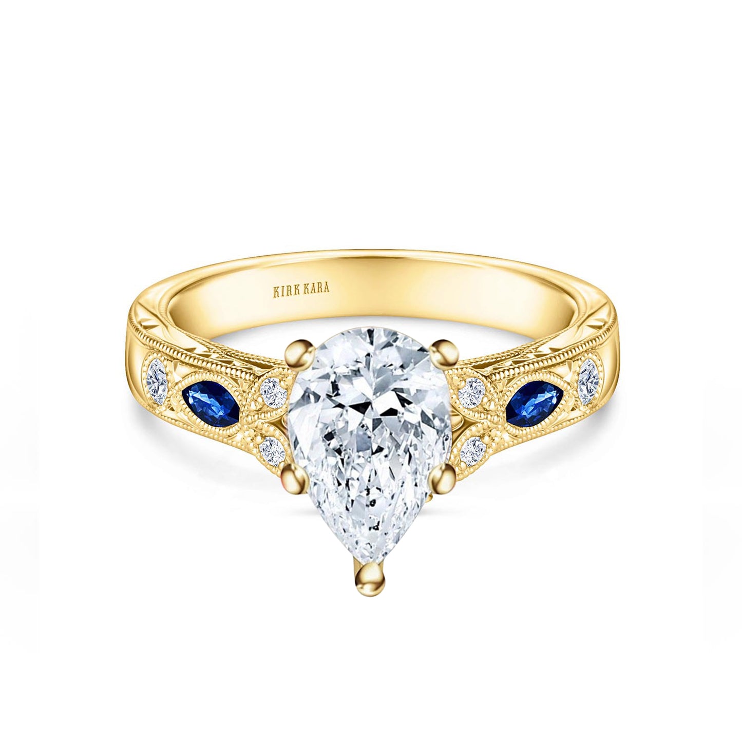 Blue Sapphire Floral Diamond Engraved Engagement Ring