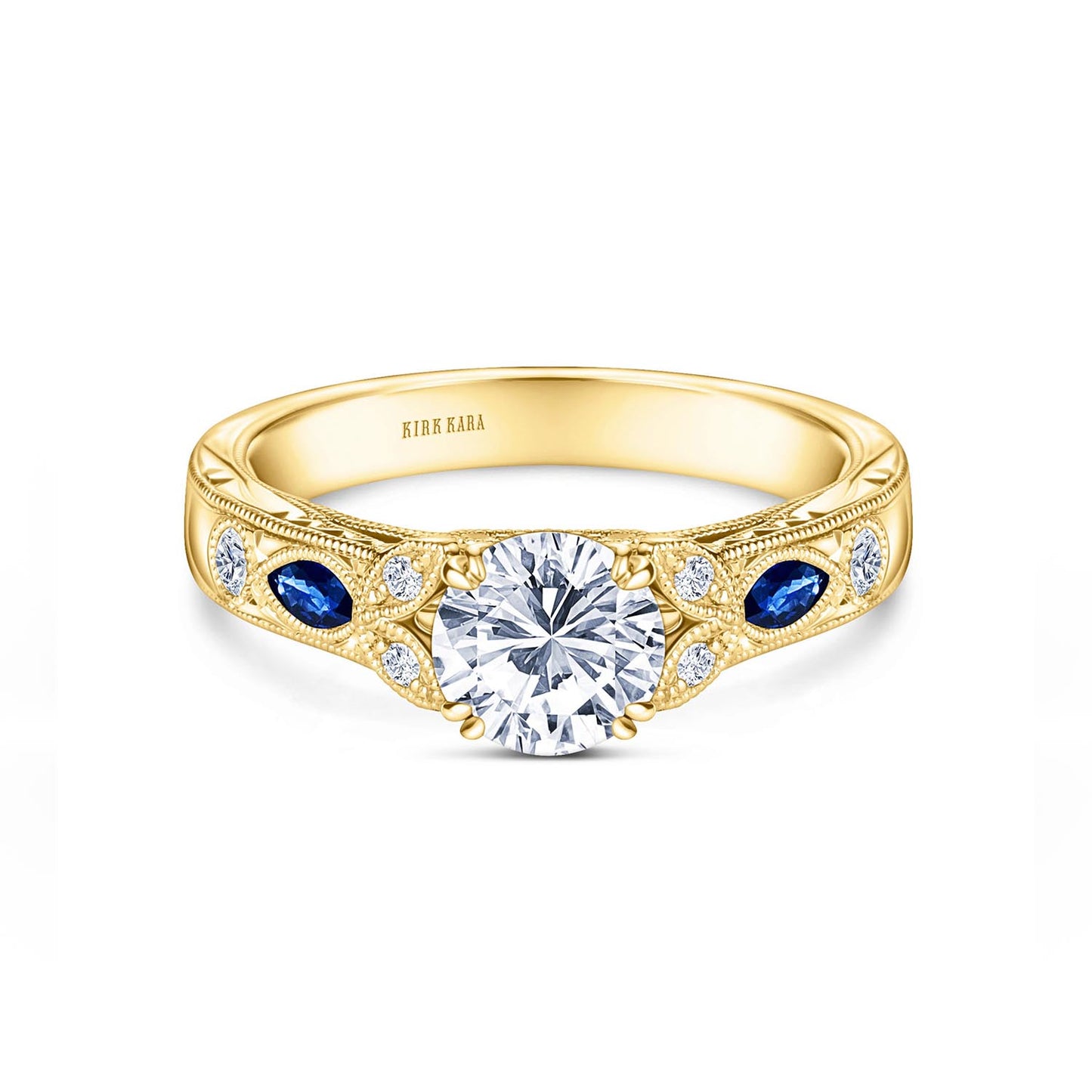 Sapphire Floral Diamond Engraved Engagement Ring