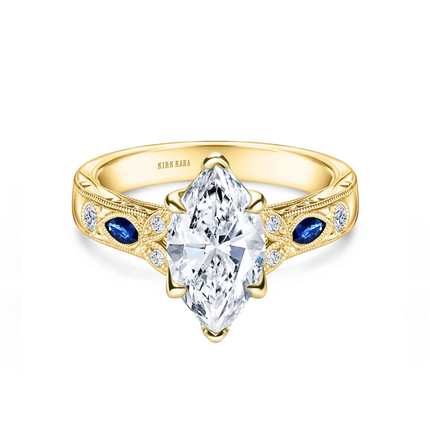 Blue Sapphire Floral Diamond Engraved Engagement Ring