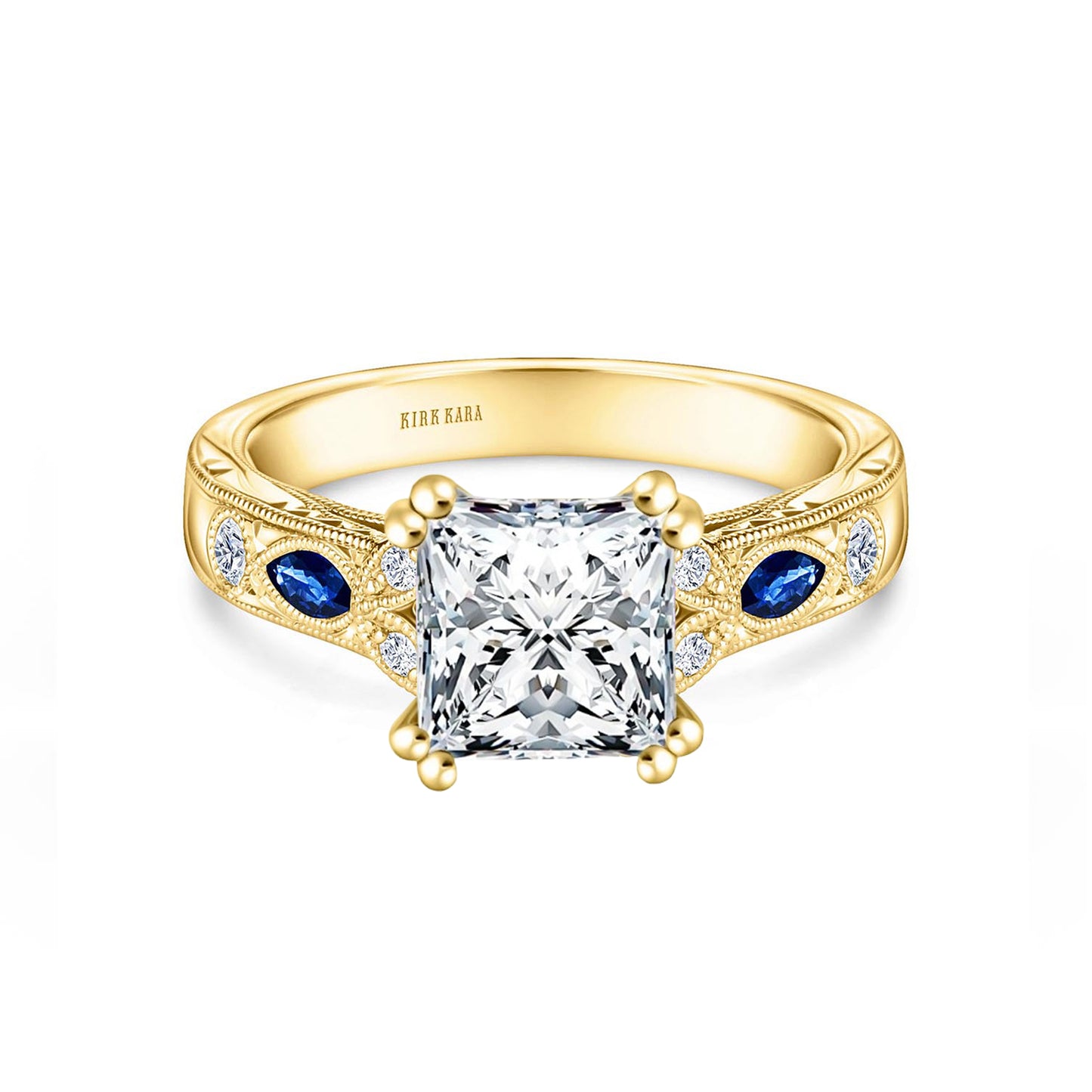 Blue Sapphire Floral Diamond Engraved Engagement Ring