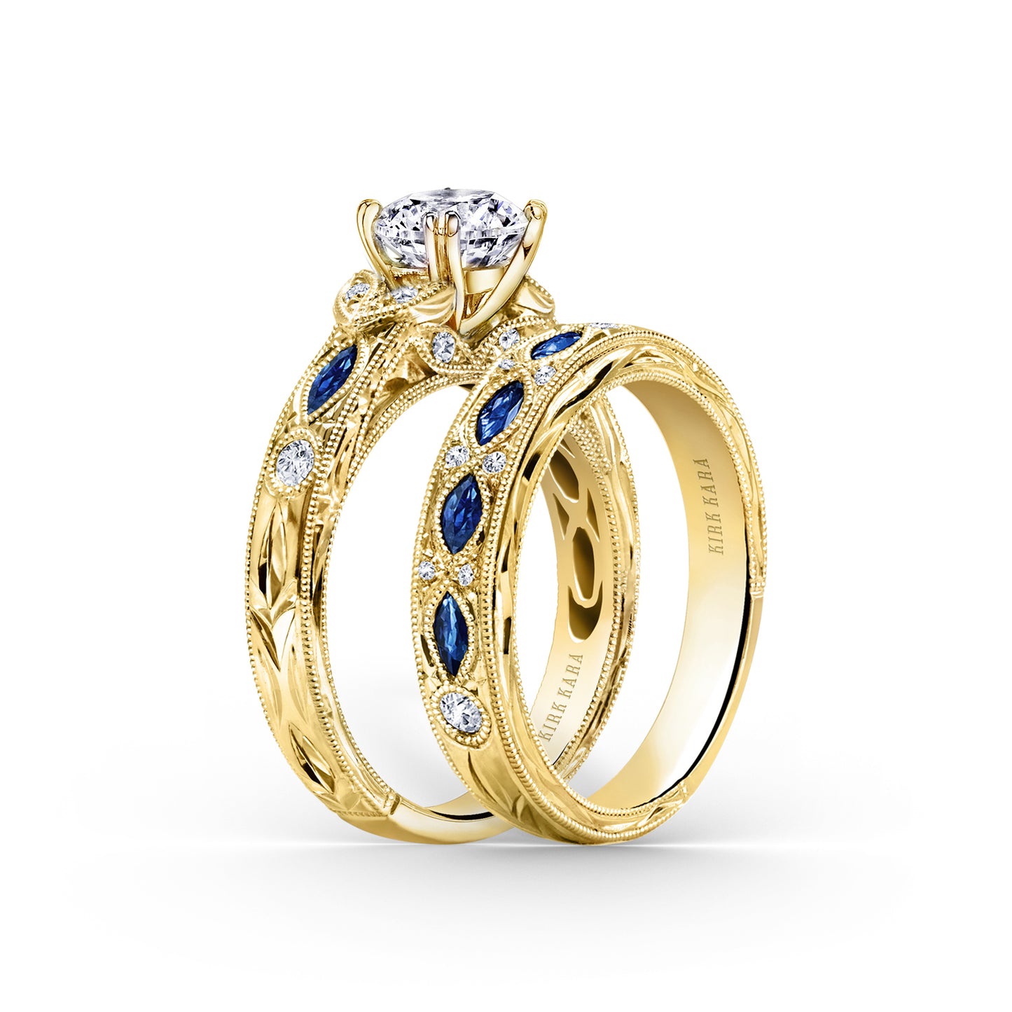 Blue Sapphire Floral Diamond Engraved Engagement Ring