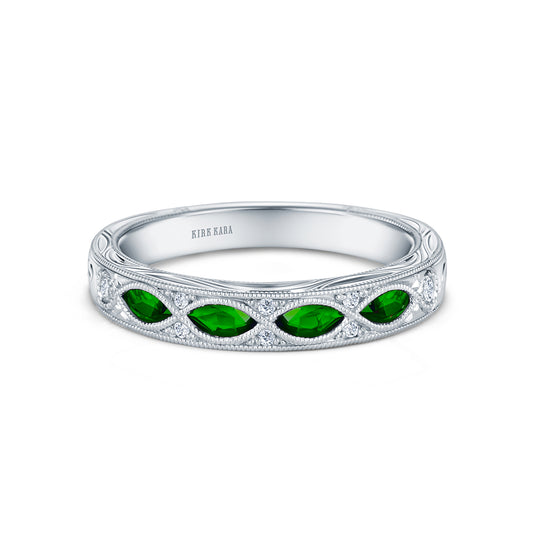 Engraved Tsavorite Floral Diamond Wedding Band