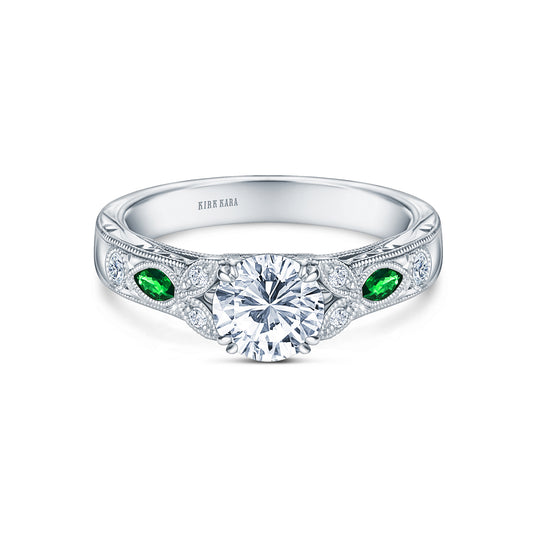 Tsavorite Floral Diamond Engraved Engagement Ring