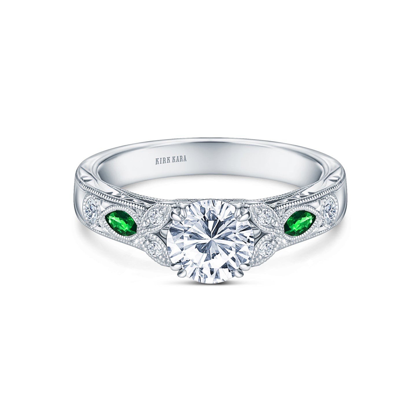 Tsavorite Floral Diamond Engraved Engagement Ring