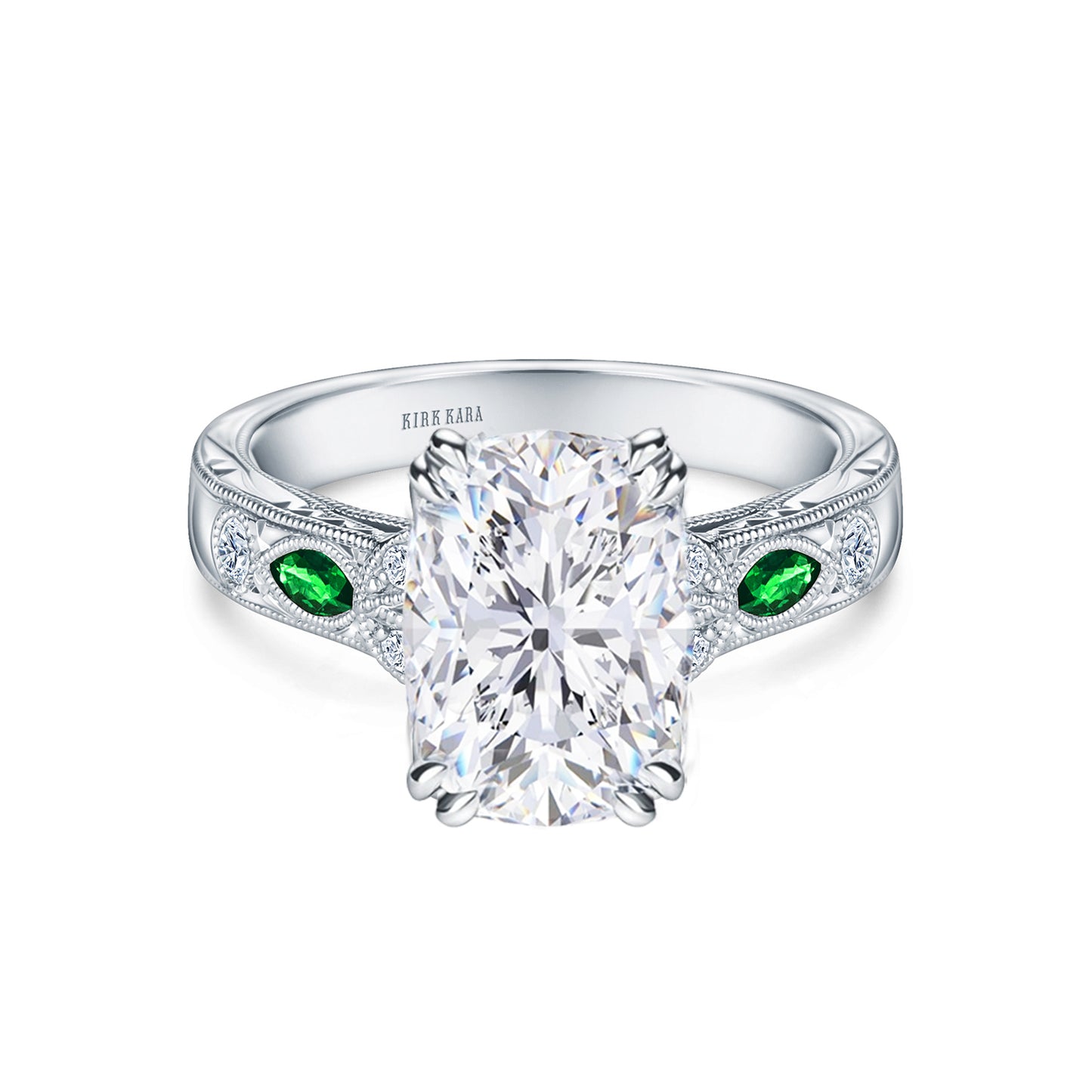 Tsavorite Floral Diamond Engraved Engagement Ring