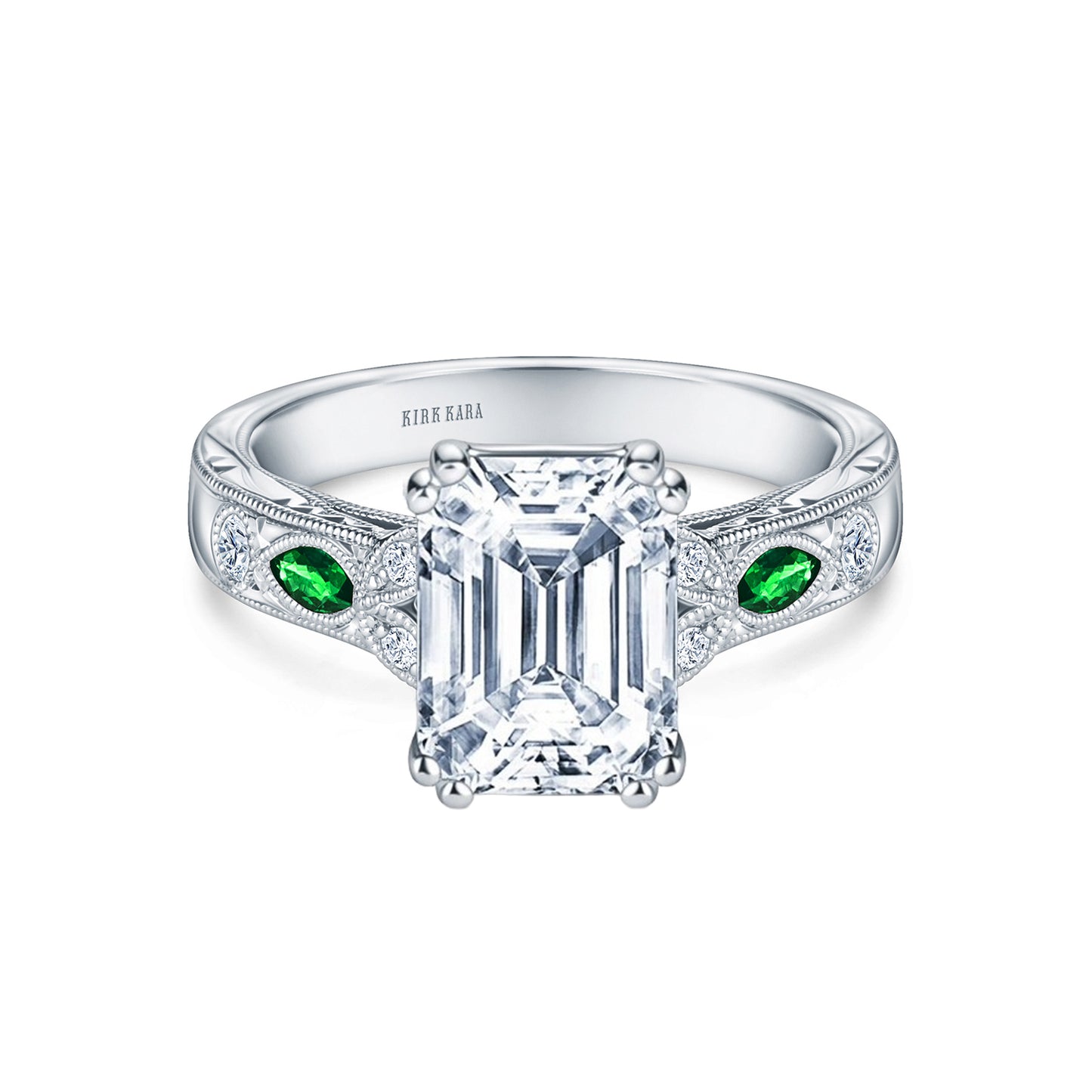 Tsavorite Floral Diamond Engraved Engagement Ring