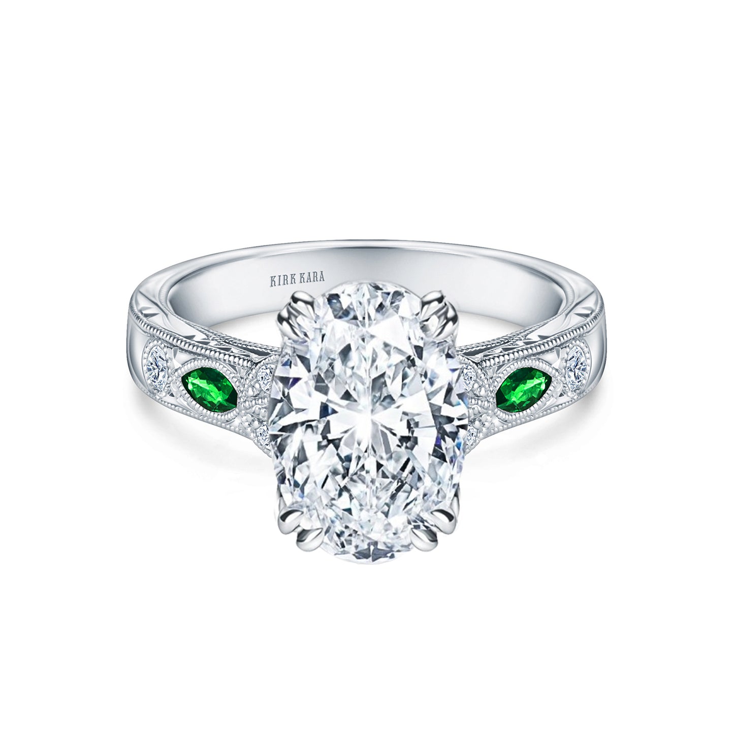 Tsavorite Floral Diamond Engraved Engagement Ring