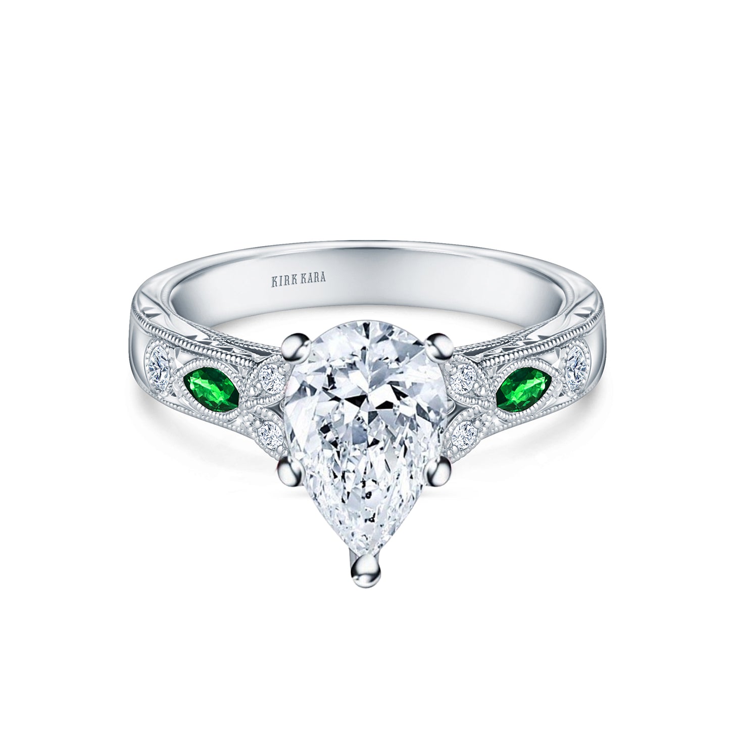 Tsavorite Floral Diamond Engraved Engagement Ring