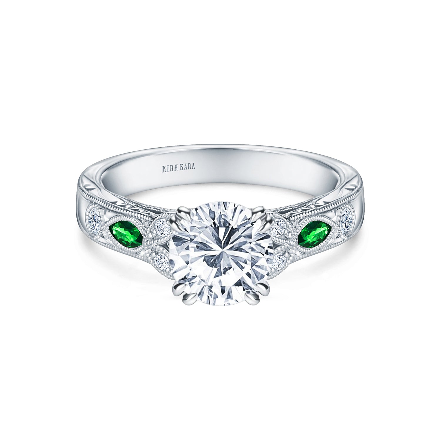 Tsavorite Floral Diamond Engraved Engagement Ring