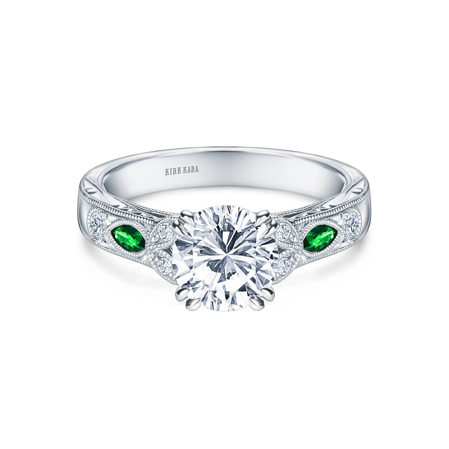 Tsavorite Floral Diamond Engraved Engagement Ring