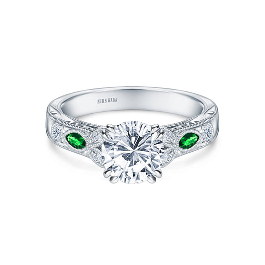 Tsavorite Floral Diamond Engraved Engagement Ring