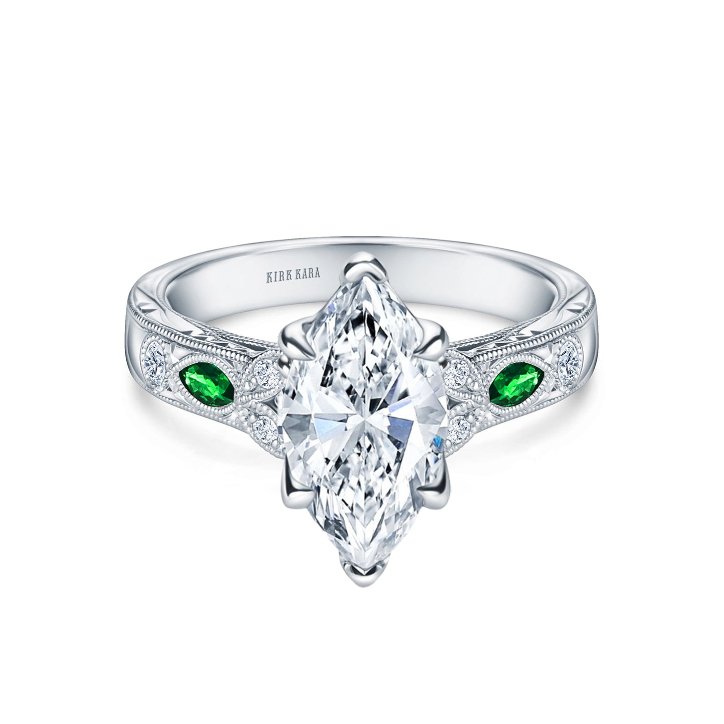 Tsavorite Floral Diamond Engraved Engagement Ring