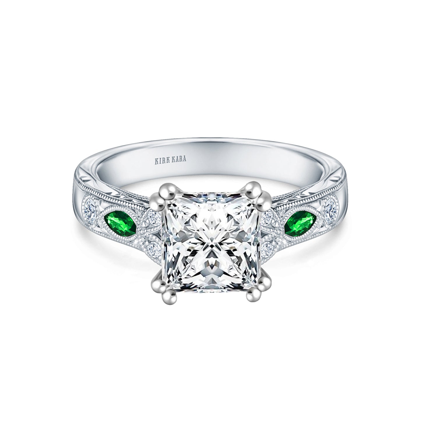 Tsavorite Floral Diamond Engraved Engagement Ring