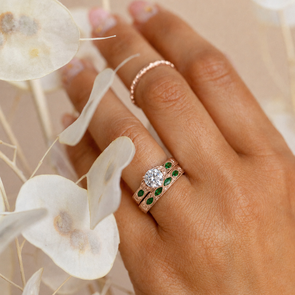 Tsavorite Floral Diamond Engraved Engagement Ring