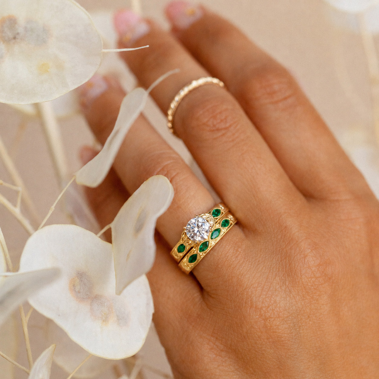 Tsavorite Floral Diamond Engraved Engagement Ring
