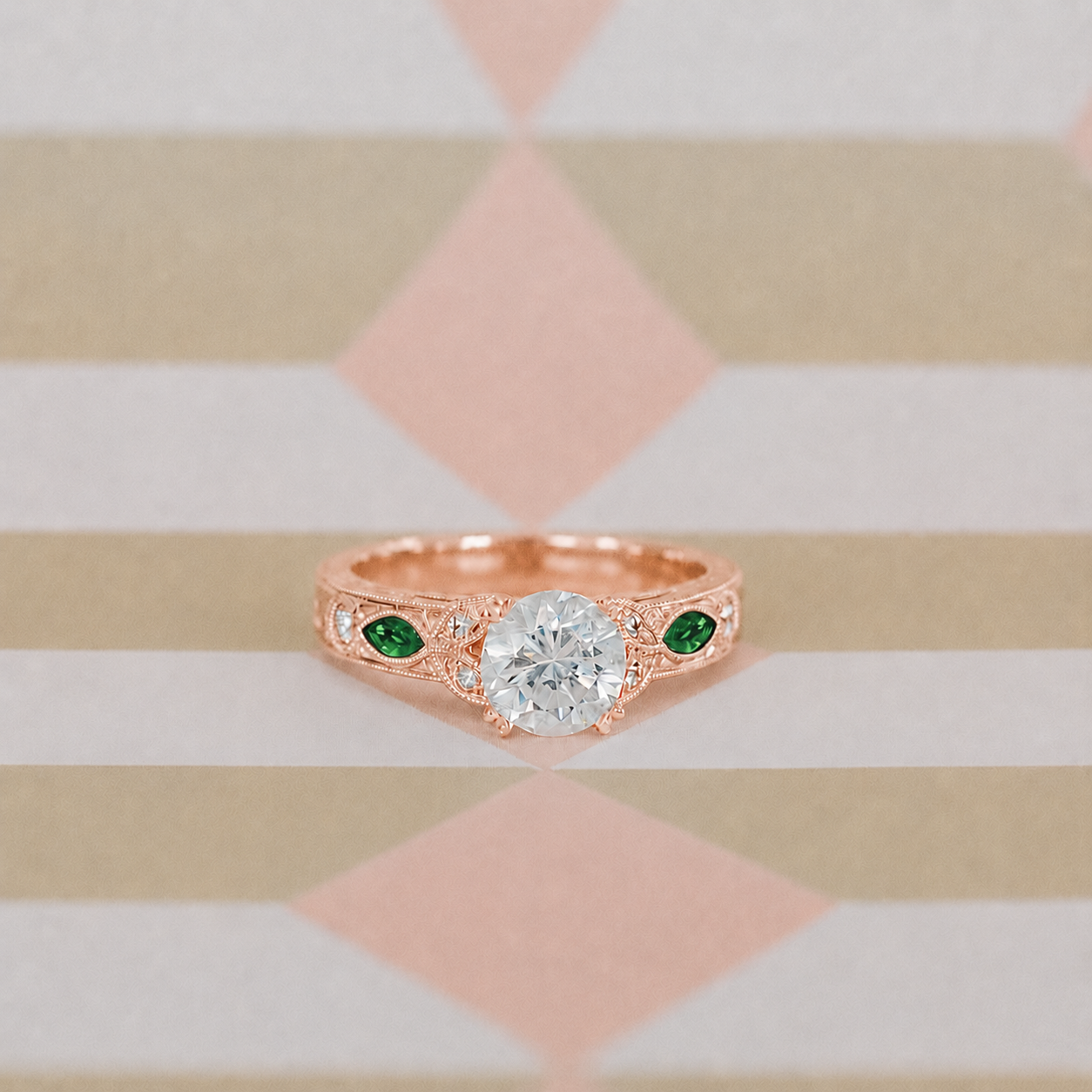 Tsavorite Floral Diamond Engraved Engagement Ring