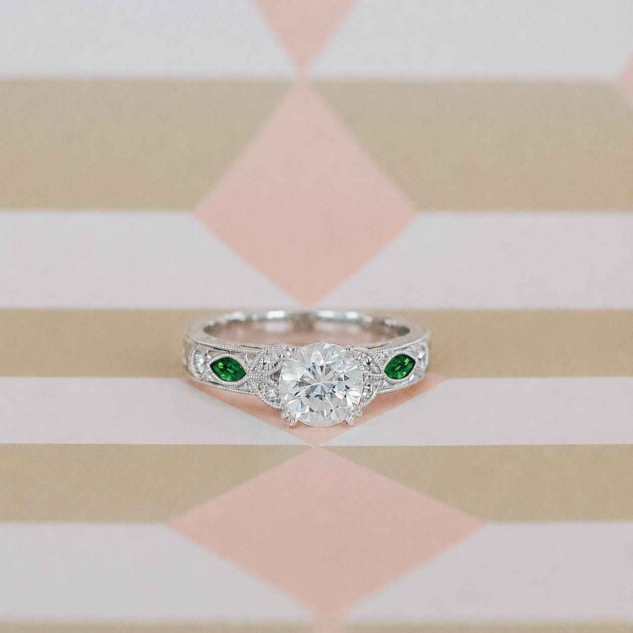 Tsavorite Floral Diamond Engraved Engagement Ring