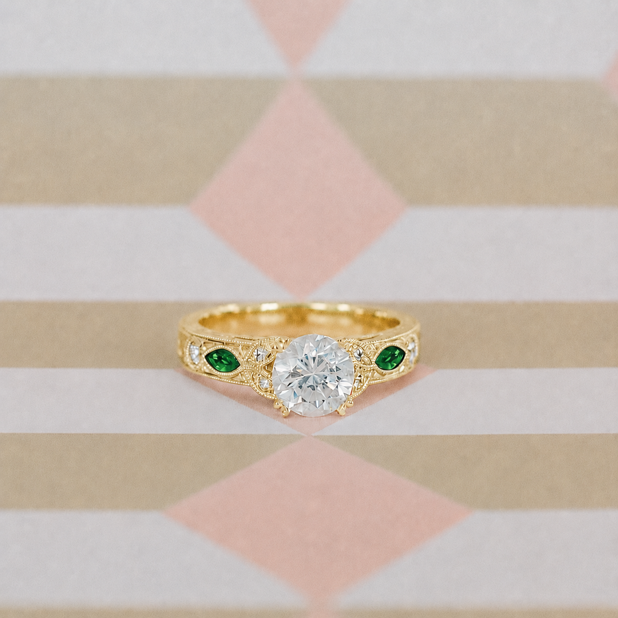 Tsavorite Floral Diamond Engraved Engagement Ring