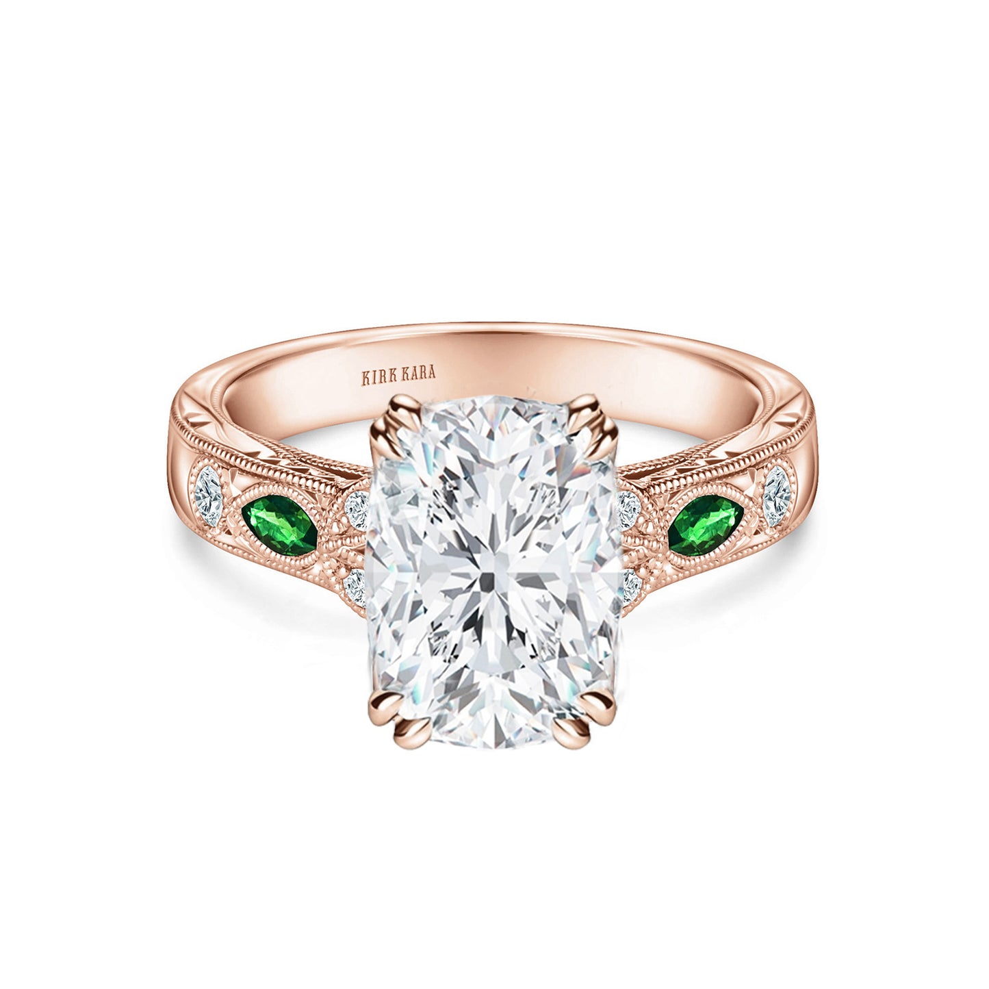 Tsavorite Floral Diamond Engraved Engagement Ring