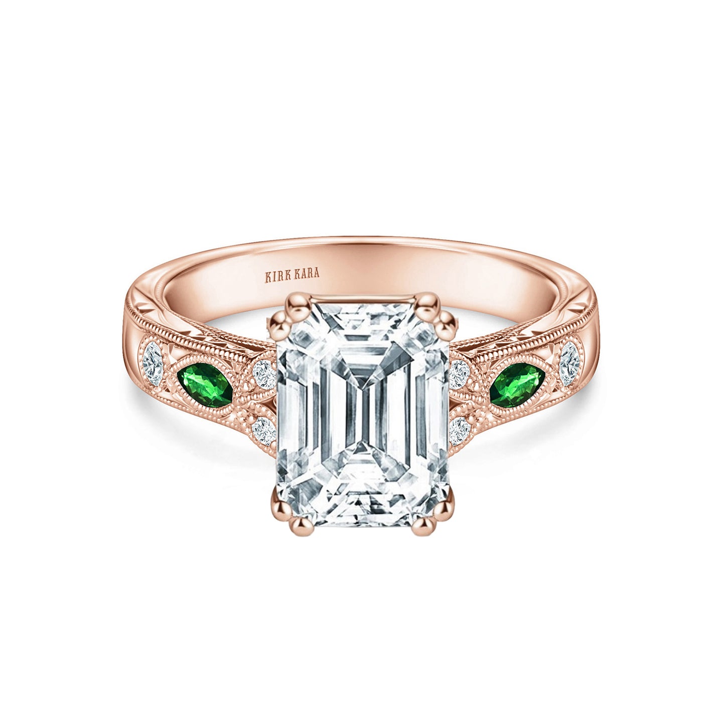 Tsavorite Floral Diamond Engraved Engagement Ring