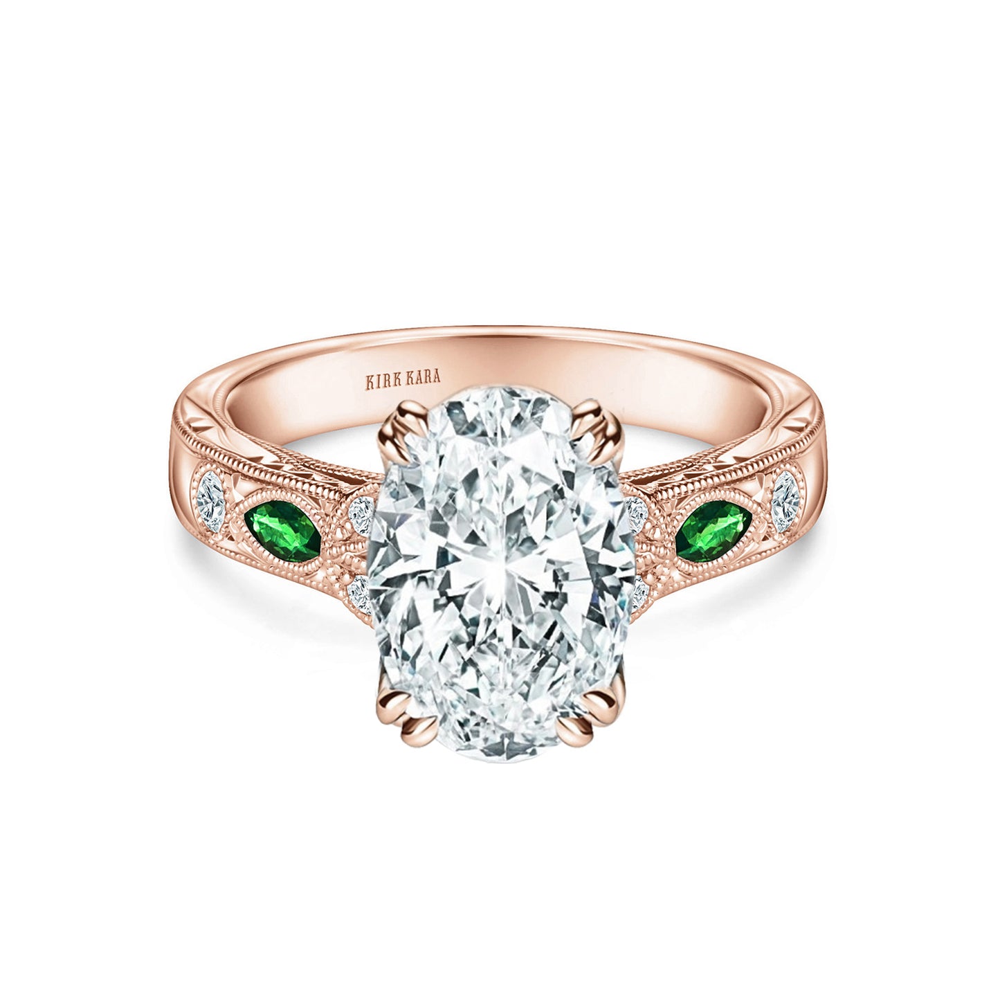 Tsavorite Floral Diamond Engraved Engagement Ring