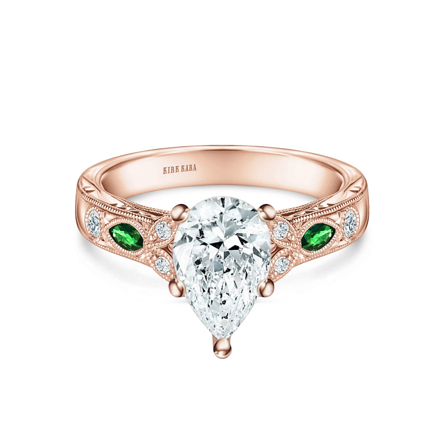Tsavorite Floral Diamond Engraved Engagement Ring