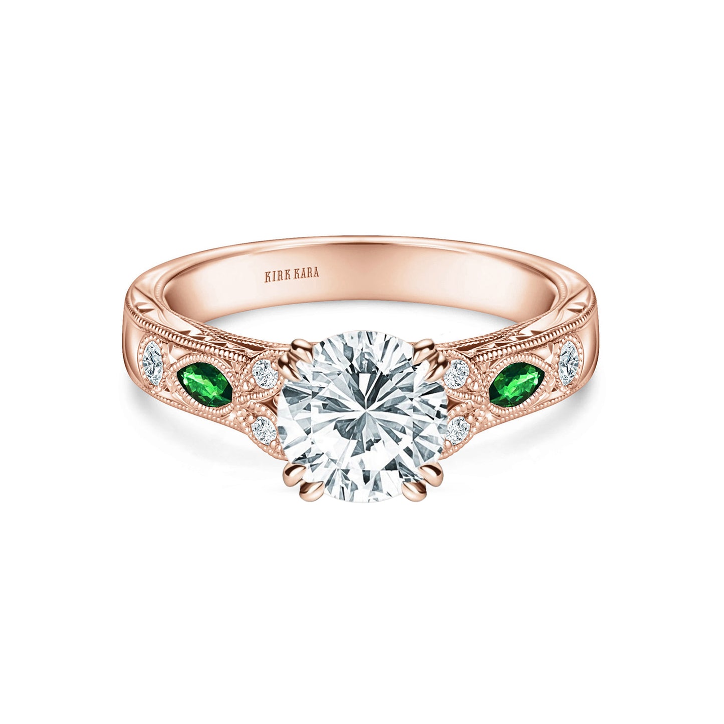 Tsavorite Floral Diamond Engraved Engagement Ring
