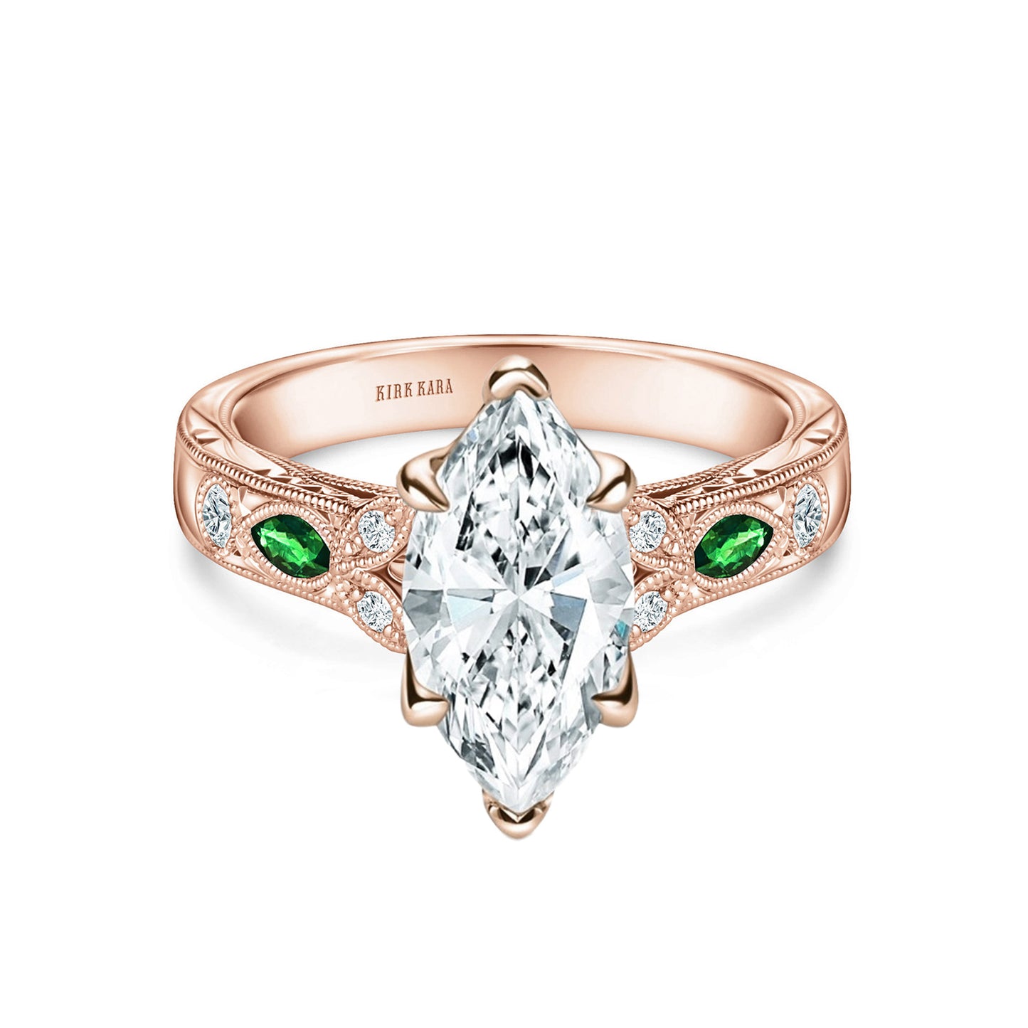 Tsavorite Floral Diamond Engraved Engagement Ring