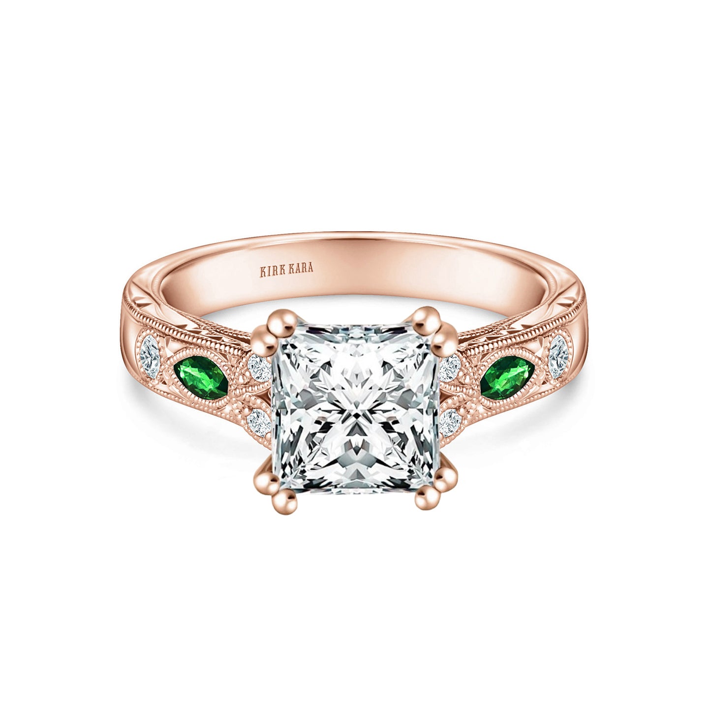 Tsavorite Floral Diamond Engraved Engagement Ring