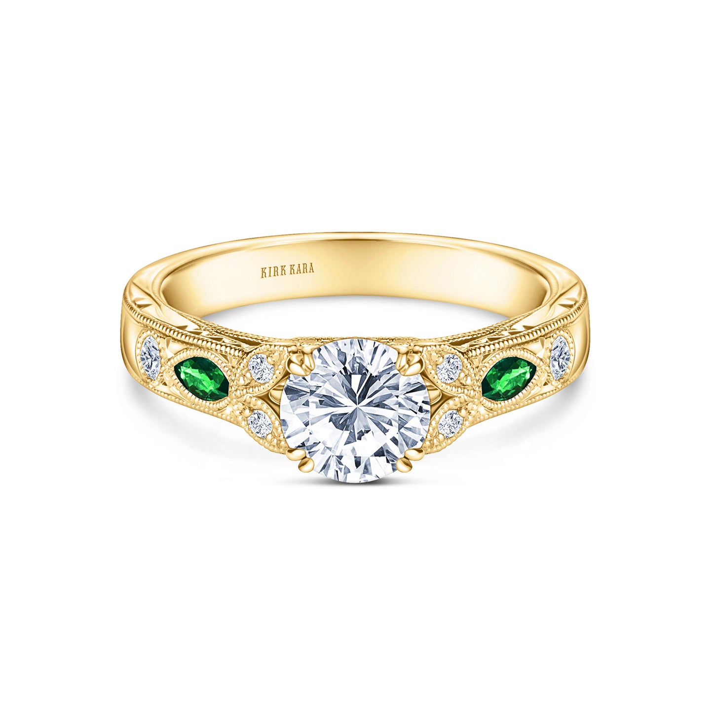 Tsavorite Floral Diamond Engraved Engagement Ring