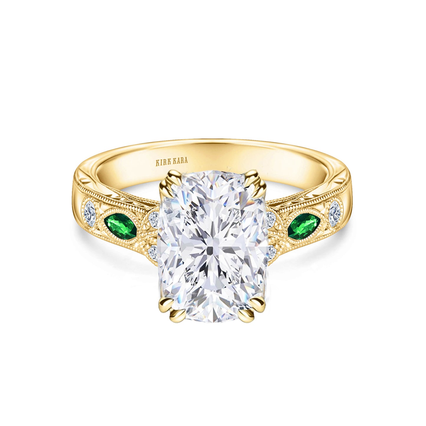 Tsavorite Floral Diamond Engraved Engagement Ring