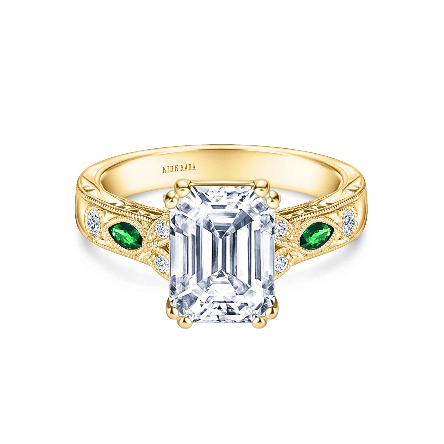 Tsavorite Floral Diamond Engraved Engagement Ring