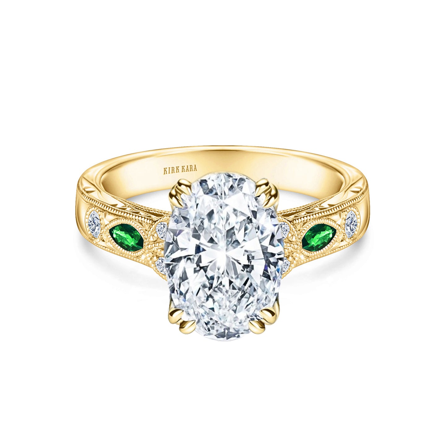 Tsavorite Floral Diamond Engraved Engagement Ring
