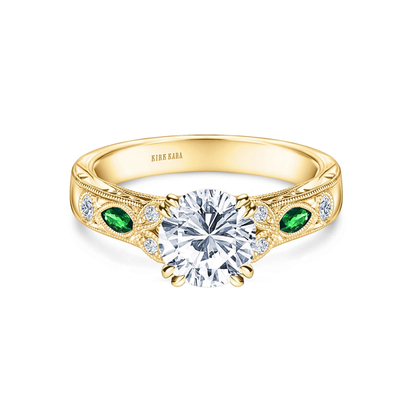 Tsavorite Floral Diamond Engraved Engagement Ring