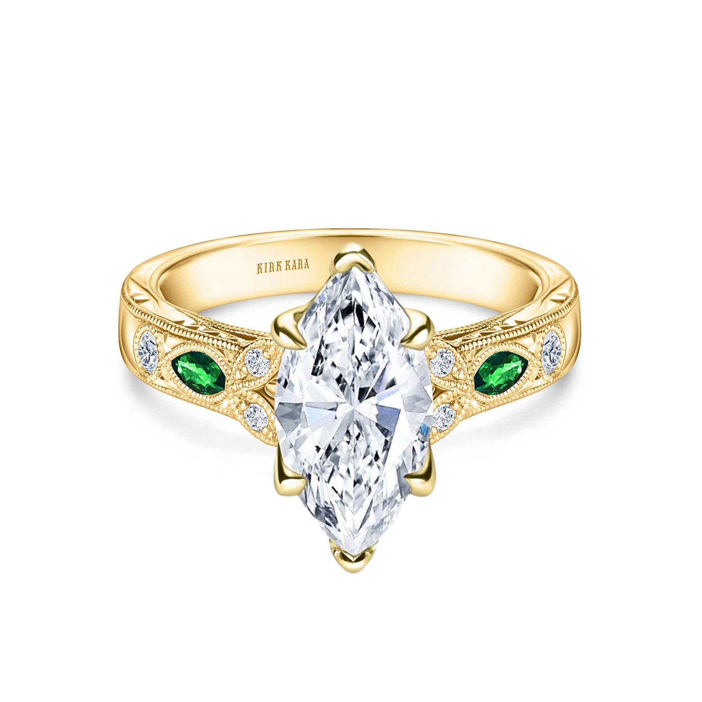 Tsavorite Floral Diamond Engraved Engagement Ring