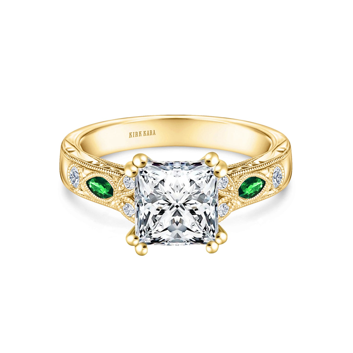 Tsavorite Floral Diamond Engraved Engagement Ring