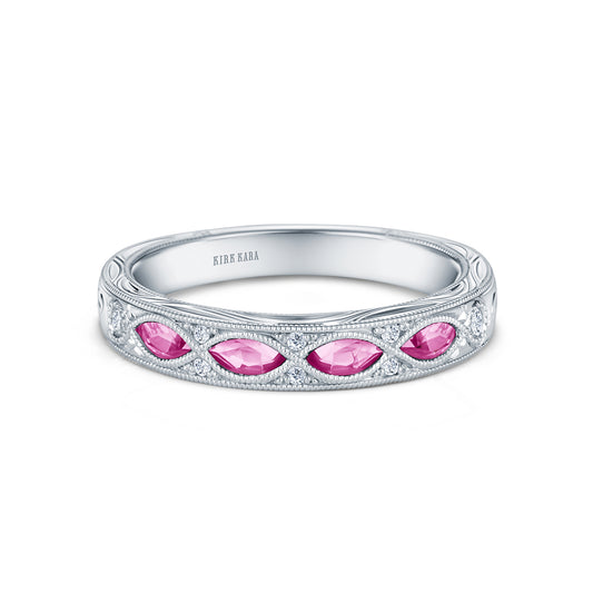 Engraved Blue Sapphire Floral Diamond Wedding Band