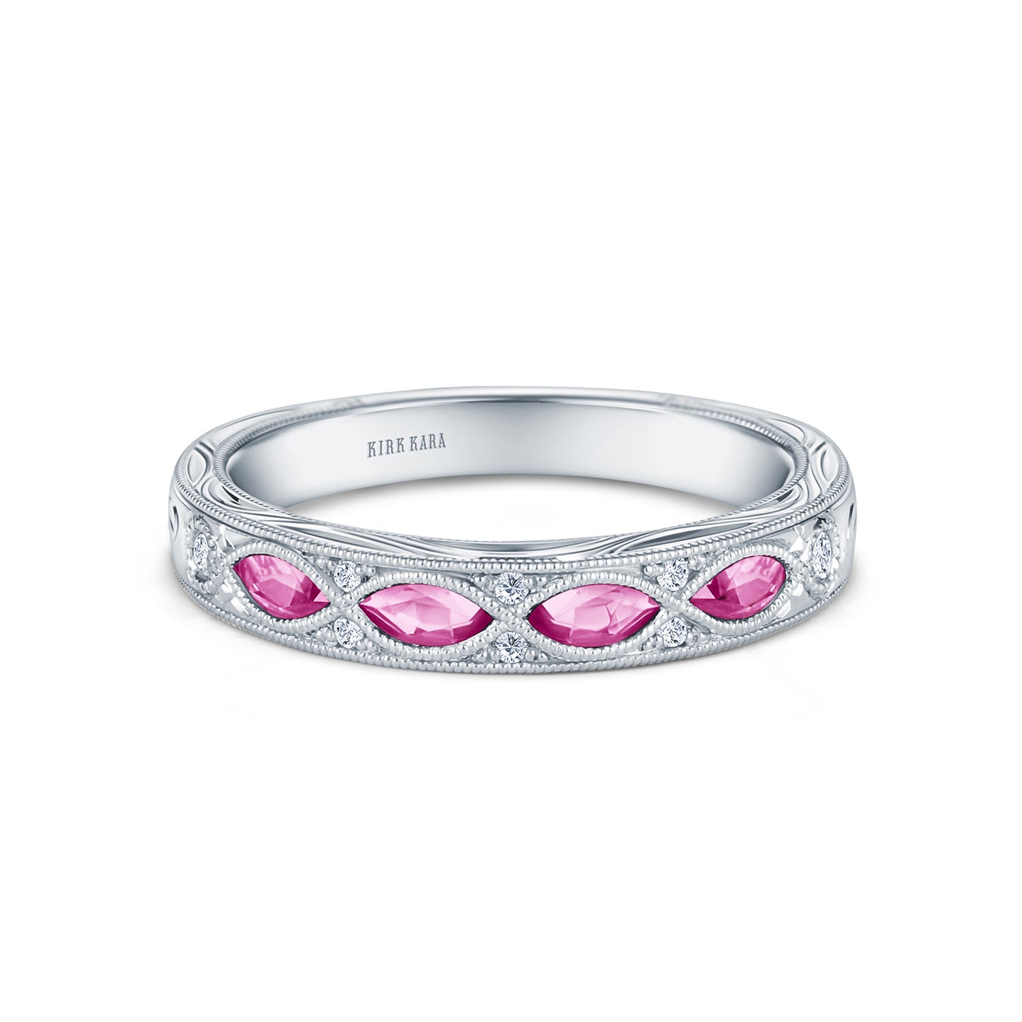 Pink Sapphire Diamond Engraved Wedding Band